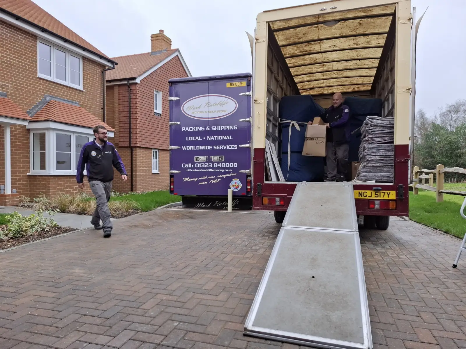 Mark Ratcliffe removal lorry on a residential street in Crowborough, East Sussex
