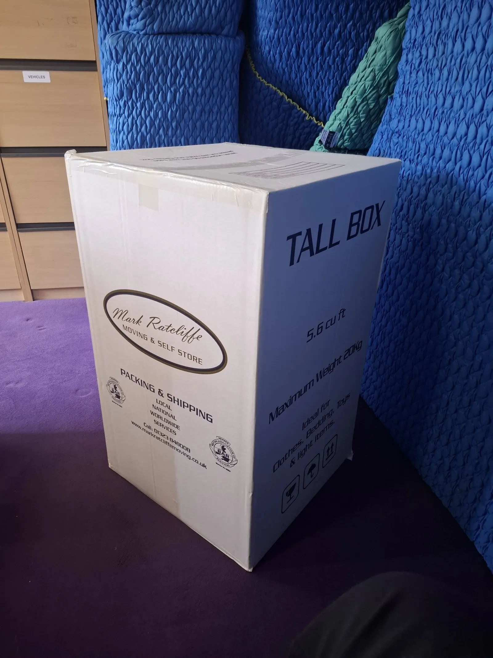 Mark Ratcliffe tall wardrobe box in 5.6 cubic feet